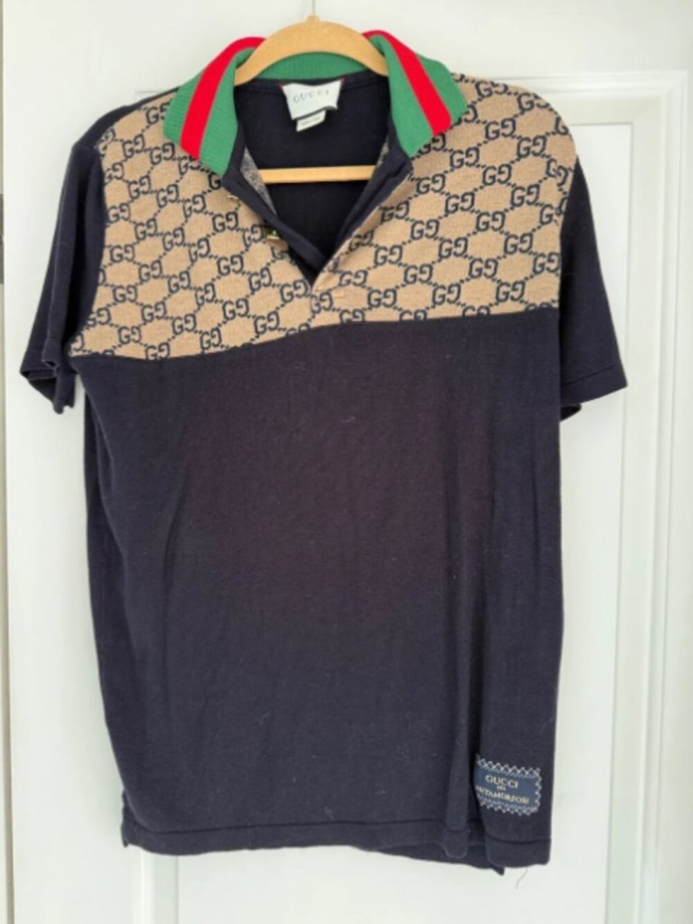 Gucci Navy Blue Polo with Tan GG Jacquard Yoke and Green-Red